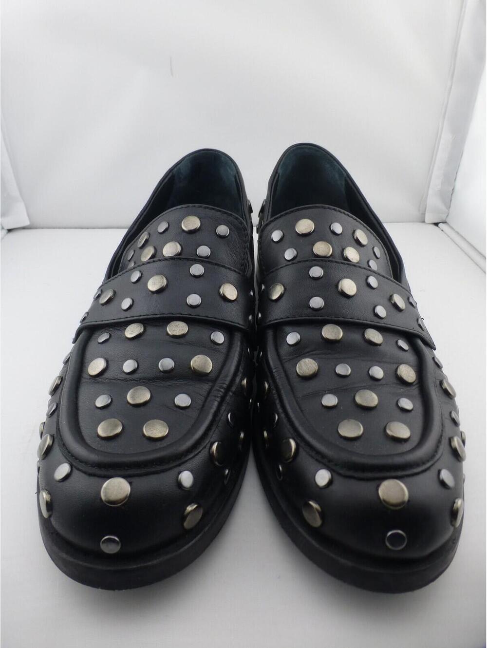 NAPOLEONI Women's Black Leather Studded Penny Loafers Flats EU 39 US 8.5 M3 - Picture 2 of 12